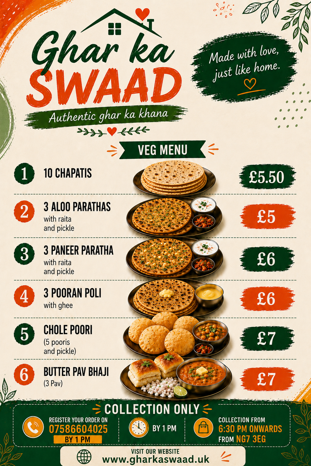 Ghar ka Swaad vegetarian menu poster